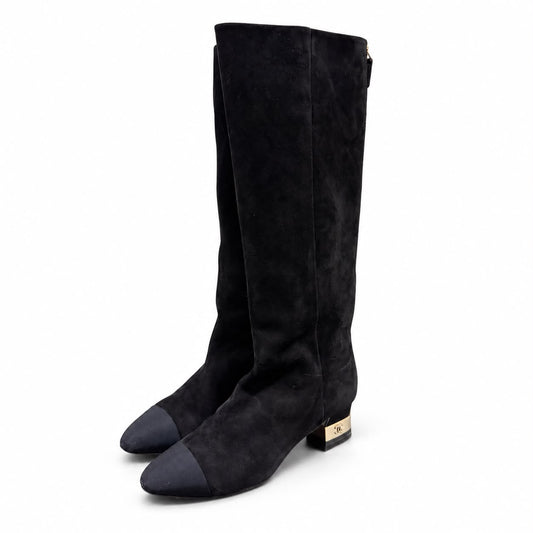 CHANEL - HIGH BOOTS BLACK SUEDE WITH CAP TOE & METALLIC HEEL SIZE 37 C
