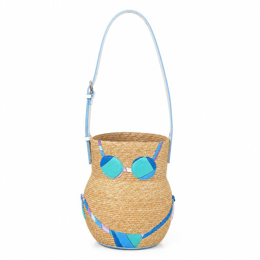 PUCCI - *NEVER WORN* BAG BUCKET PULCINELLA STRAW AND BLUE PRINT