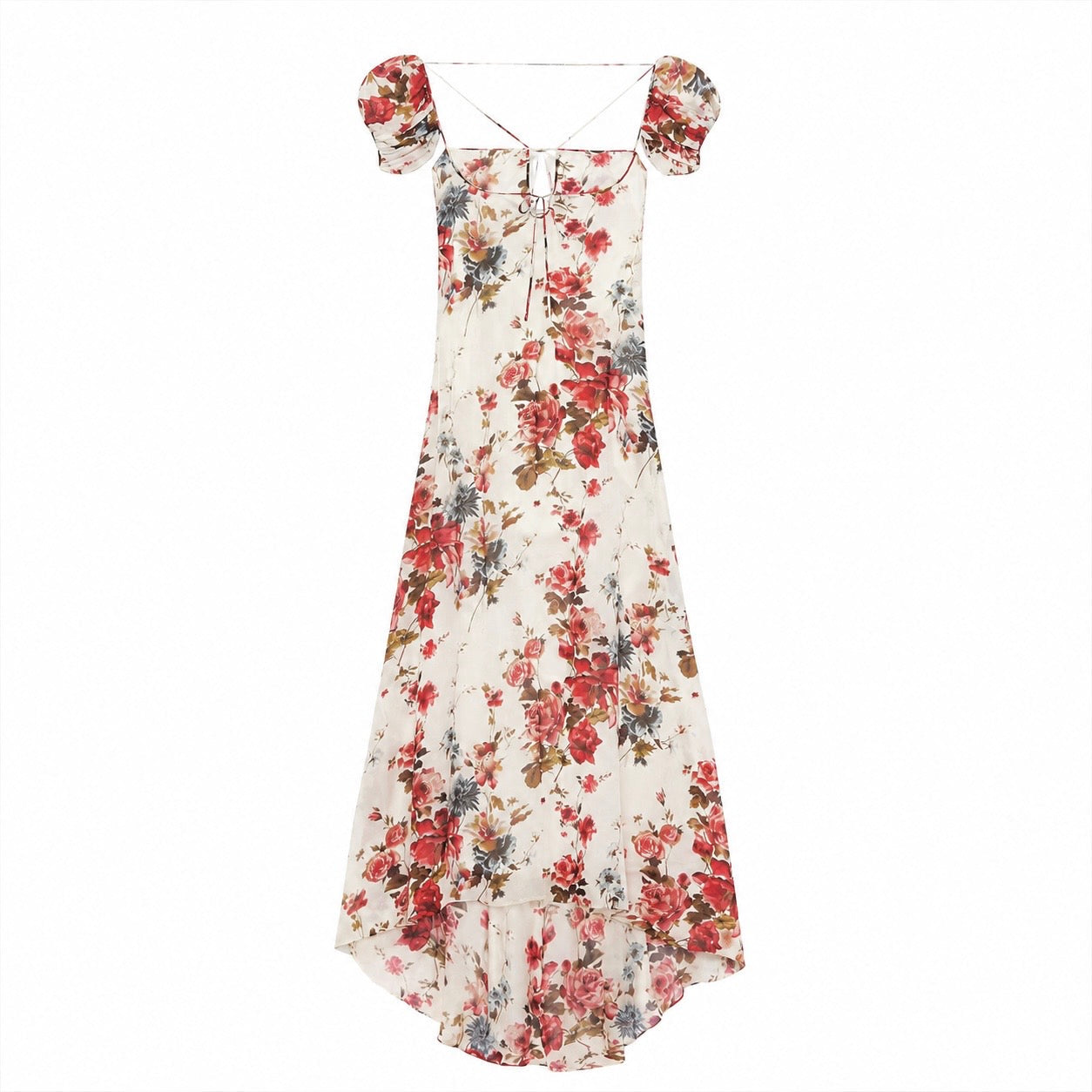 SAINT LAURENT - DRESS MAXI WHITE & RED ROSES PRINT SILK GEORGETTE SIZE 38 FR