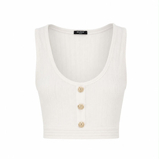 BALMAIN - TOP CROP WHITE WITH GOLD BUTTONS SIZE 42 FR