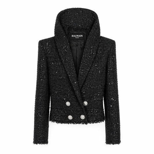 BALMAIN - *NEVER USED* JACKET HOODED BLACK SEQUIN EMBELLISHMENTS SIZE 36 FR