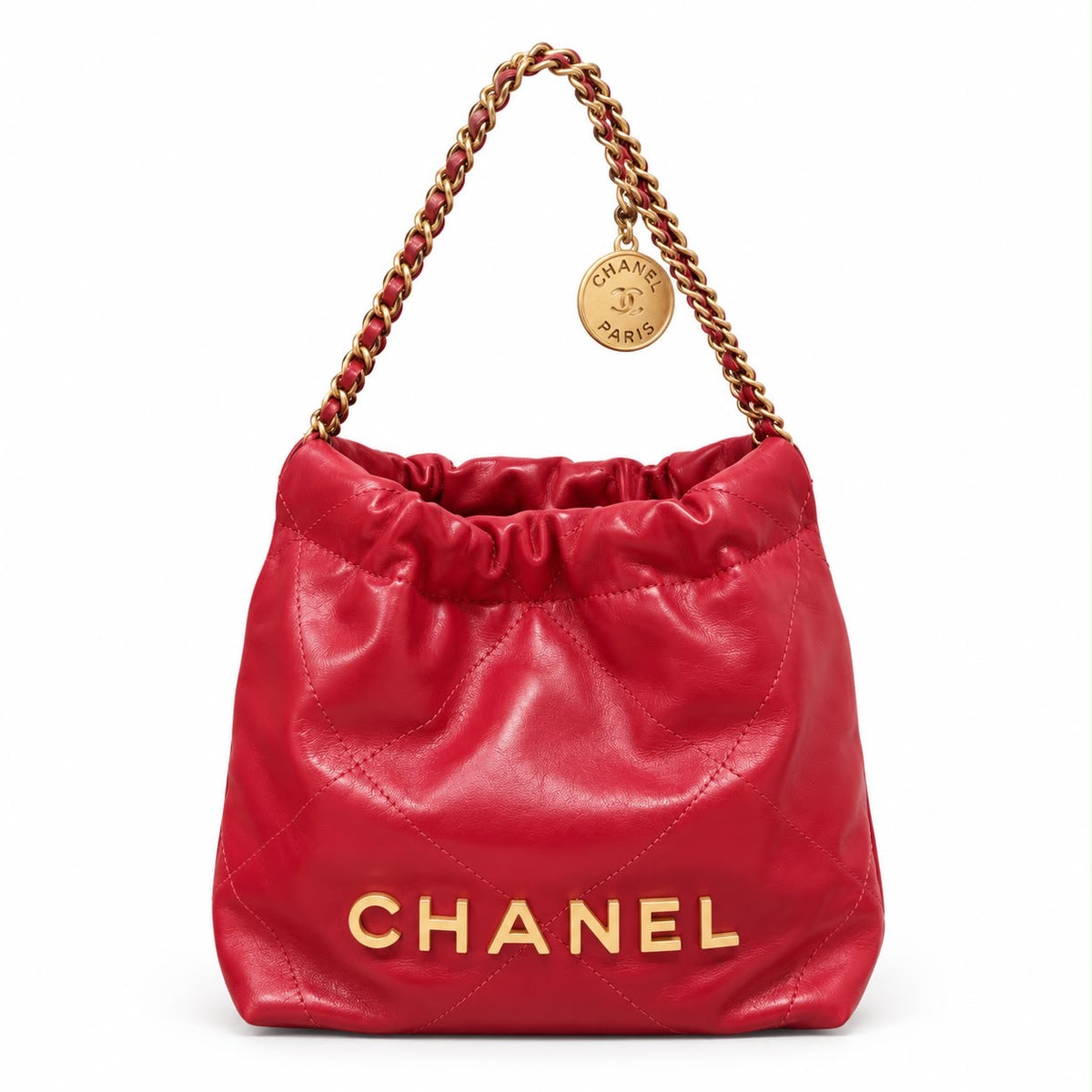 CHANEL - *NEW* BAG 22 MINI HOBO RED QUILTED CALFSKIN WITH GOLD TONE HARDWARE