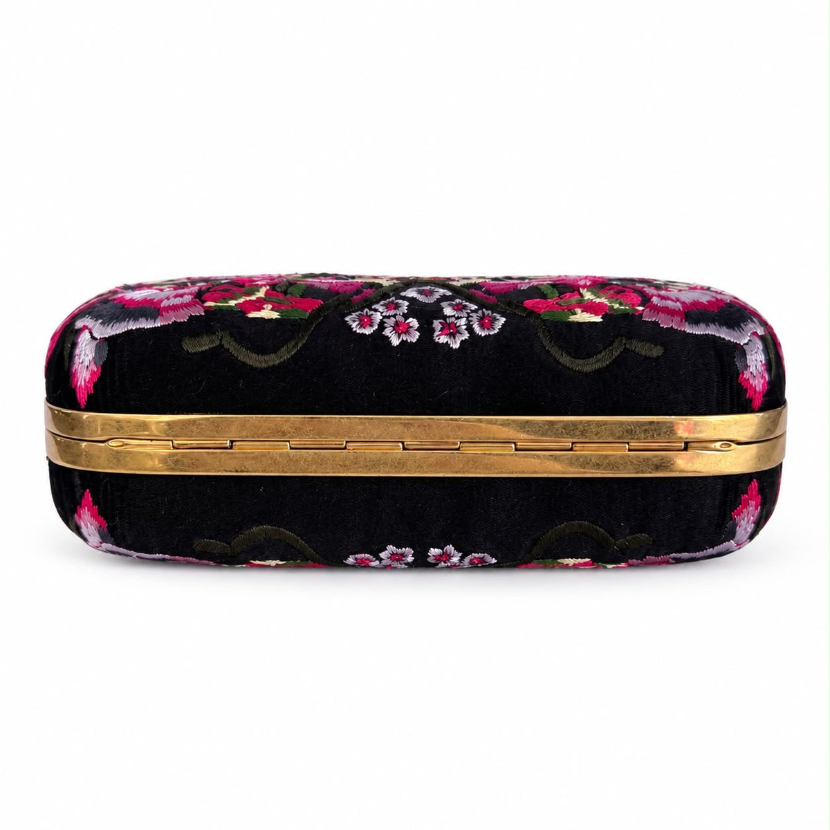 ALEXANDER MCQUEEN - CLUTCH KNUCKLE BOX BLACK MULTICOLOR FLORAL EMBROIDERED WITH GOLD-TONE HARDWARE
