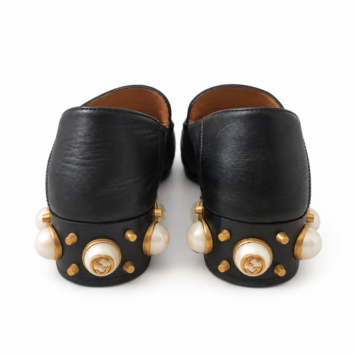 GUCCI - LOAFERS PEYTON BLACK LEATHER WITH DOUBLE G & PEARL-EMBELLISHED HEELS SIZE 36,5 EU