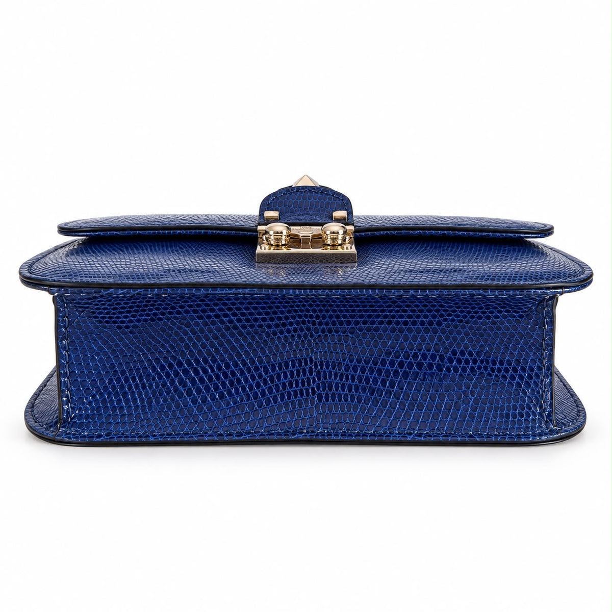 VALENTINO - BAG ROCKSTUD GLAM LOCK BLUE LIZARD-EMBOSSED LEATHER SILVER-TONE HARDWARE