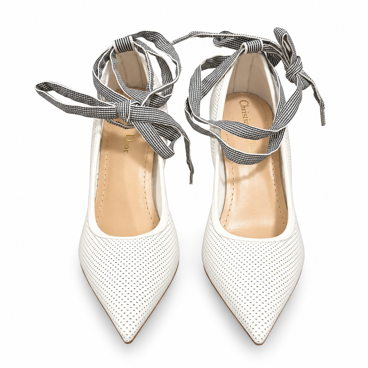 DIOR – *NEW* PUMPS WHITE PERFORATED LEATHER WITH BLACK AND WHITE RIBBON TIES SIZE 37 EU