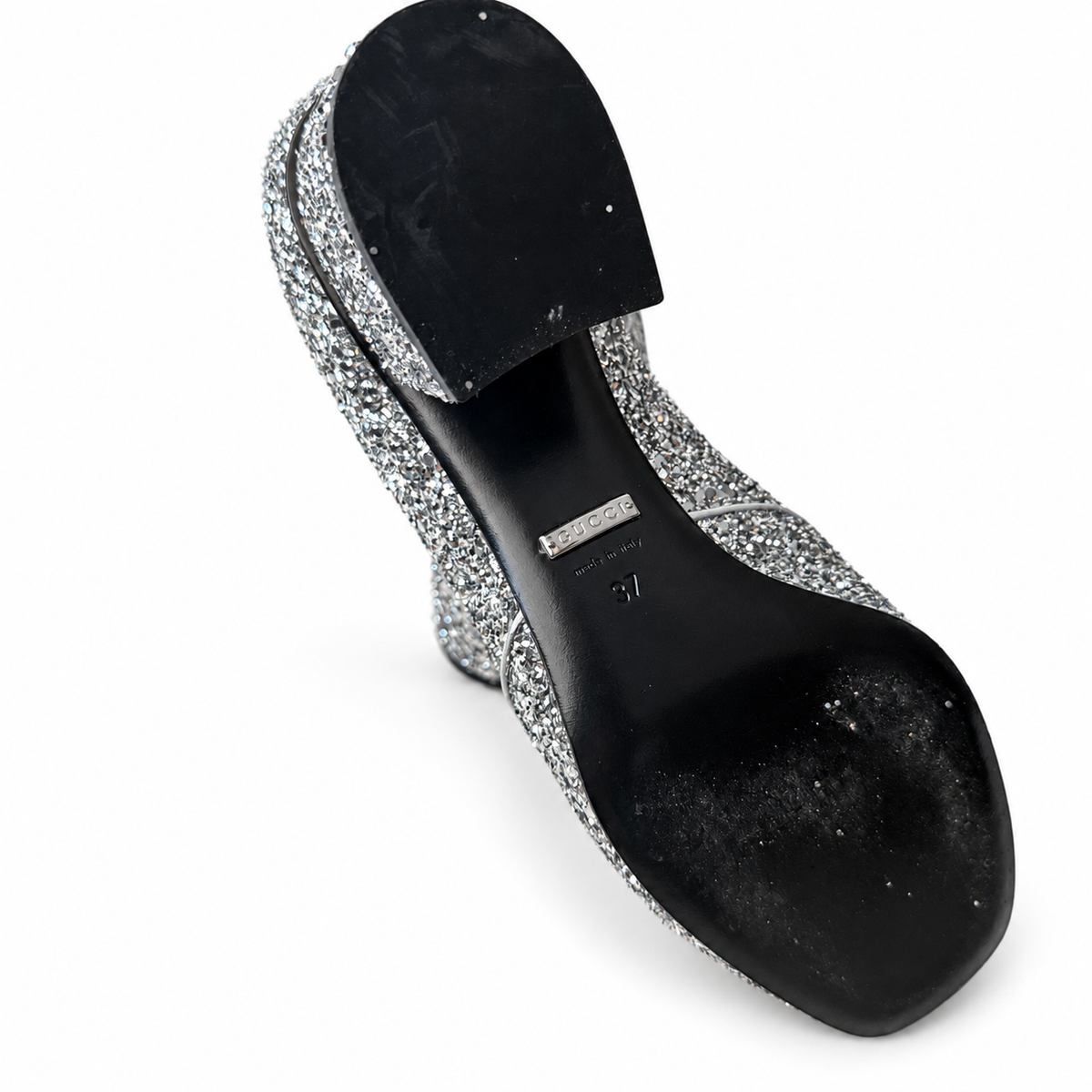 GUCCI – SILVER GLITTER HORSEBIT BLOCK HEEL LOAFERS SIZE 37 EU