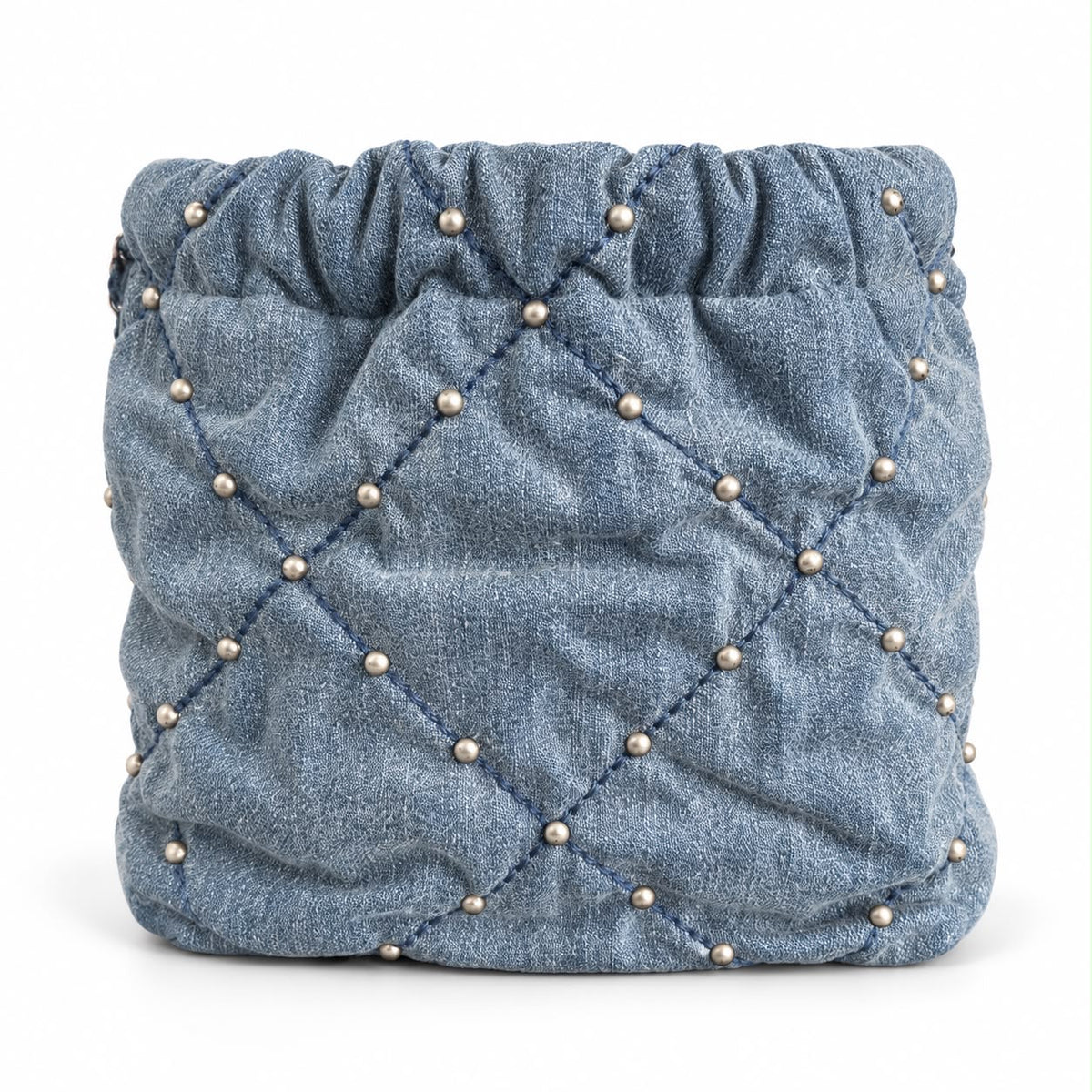 CHANEL – BAG MINI CHANEL 22 QUILTED BLUE DENIM WITH STUDS & SILVER-TONE HARDWARE