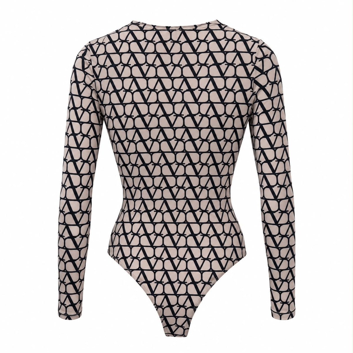 VALENTINO – BODYSUIT BEIGE AND BLACK VLOGO PRINT LONG-SLEEVED STRETCH SIZE M
