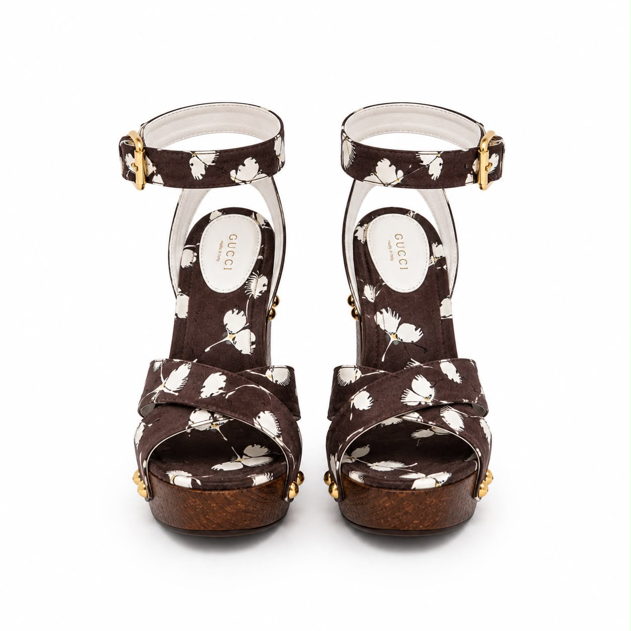 GUCCI - SANDALS PLATFORM BROWN CANVAS ORCHID PRINT WITH WOODEN HEELS SIZE 38 EU