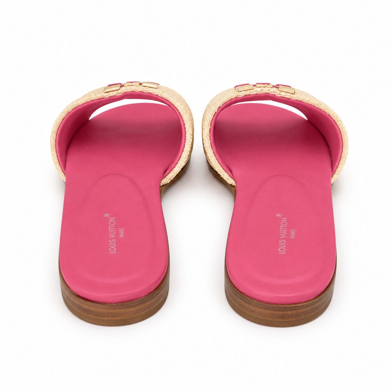 LOUIS VUITTON - *NEW* FLAT MULES IN NATURAL RAFFIA WITH FUCHSIA LEATHER SIZE 39 EU