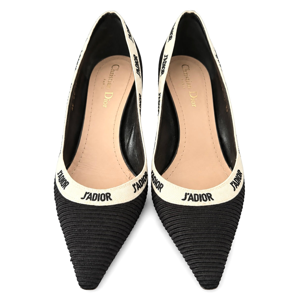 DIOR - PUMPS J’ADIOR BLACK RIBBED FABRIC POINTED-TOE WITH IVORY LOGO TRIM SIZE 38 EU