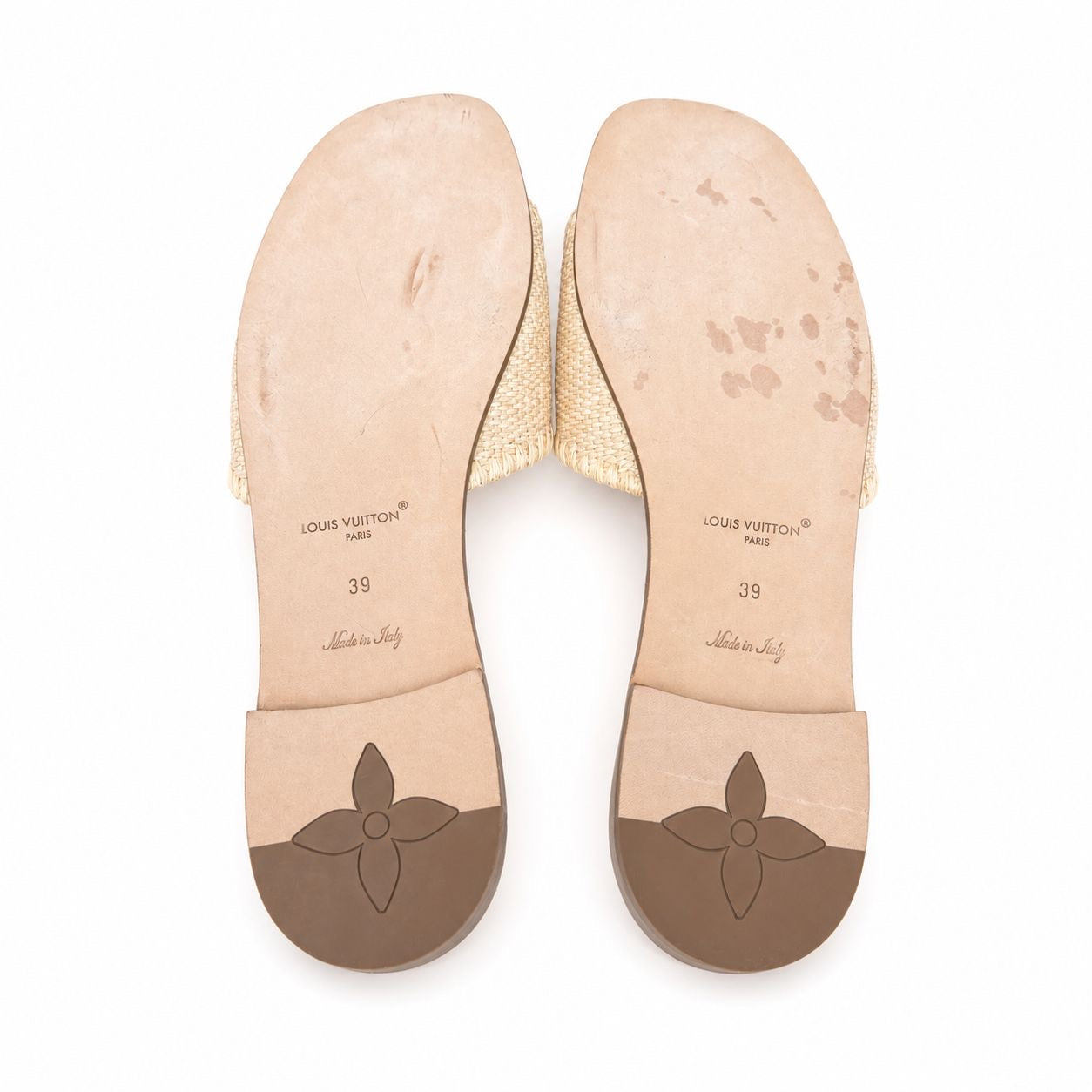 LOUIS VUITTON - *NEW* FLAT MULES IN NATURAL RAFFIA WITH FUCHSIA LEATHER SIZE 39 EU