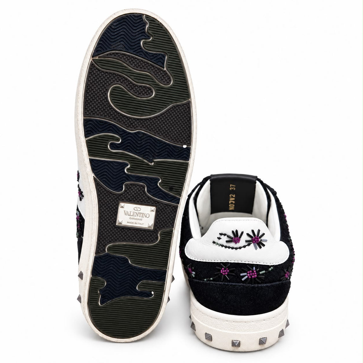 VALENTINO - SNEAKERS LOW FLYCREW BLACK SUEDE EITH FLORAL BEADE EMBROIDERY SIZE 37 EU