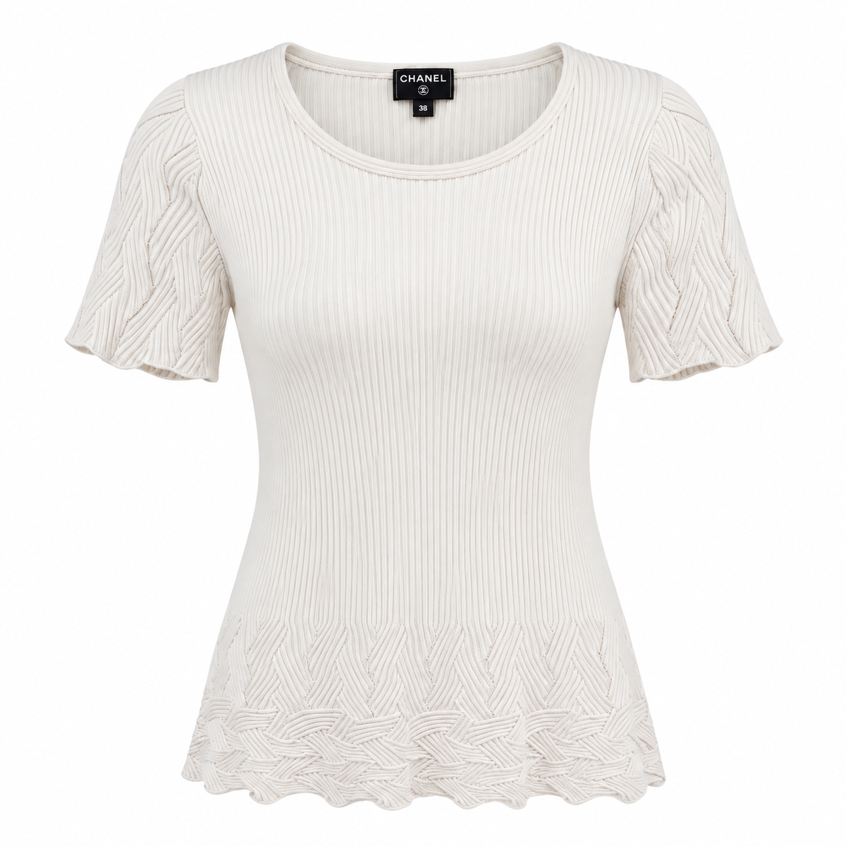 CHANEL - T-SHIRT COTTON WHITE RIBBED SIZE 38 FR