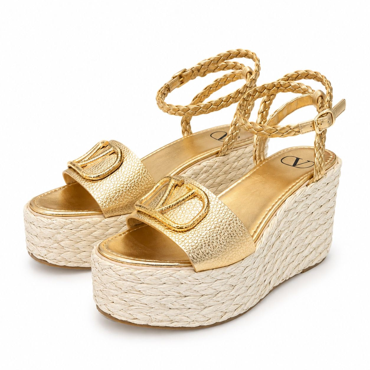 VALENTINO - WEDGE SANDALS VLOGO GOLD LEATHER AND RAFFIA SIZE 40 EU