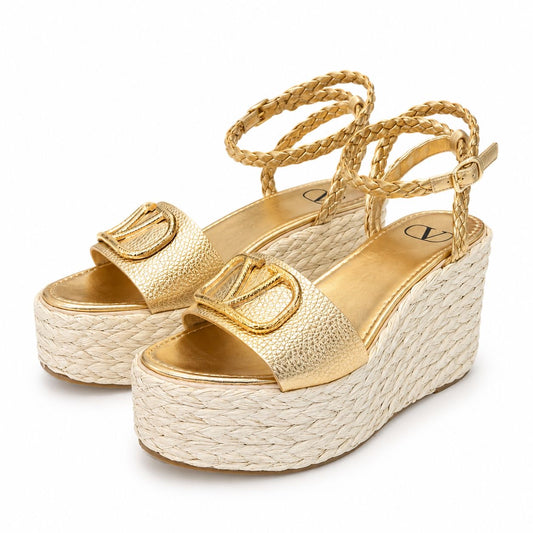VALENTINO - WEDGE SANDALS VLOGO GOLD LEATHER AND RAFFIA SIZE 40 EU