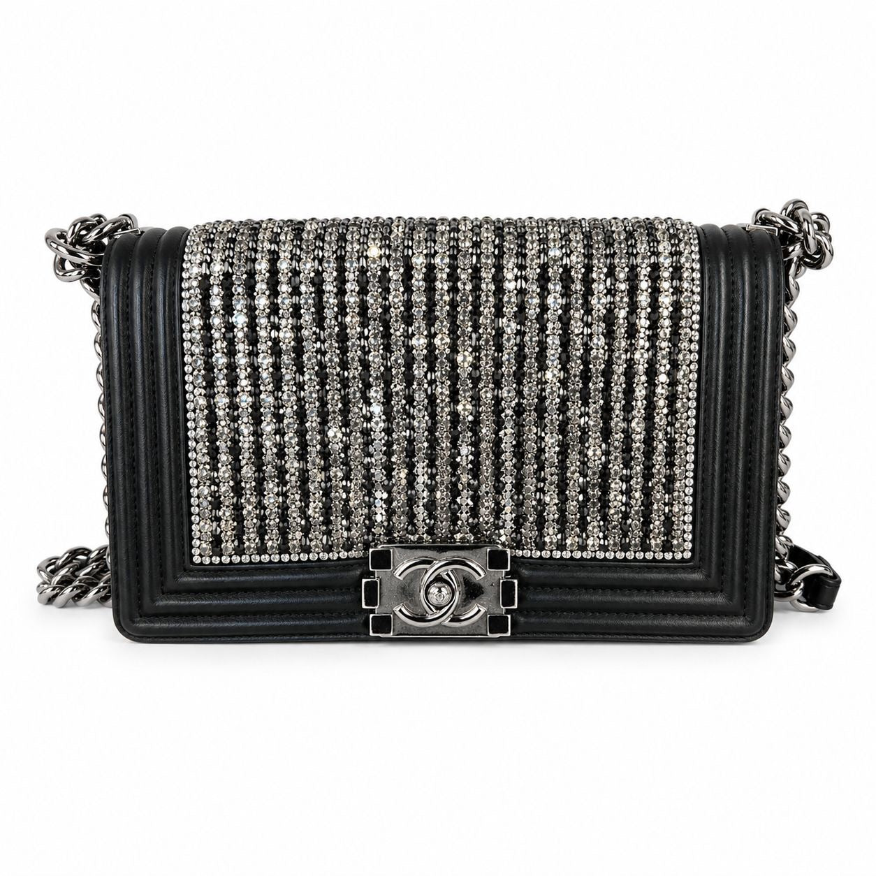 CHANEL - BAG BOY MEDIUM BLACK METALLIC LAMBSKIN WITH GLASS PEARL EMBROIDERY