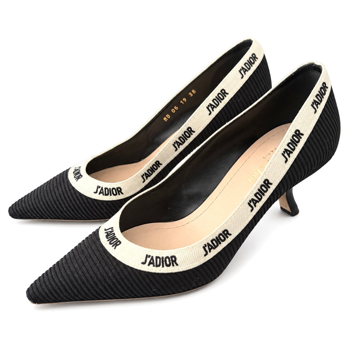 DIOR - PUMPS J’ADIOR BLACK RIBBED FABRIC POINTED-TOE WITH IVORY LOGO TRIM SIZE 38 EU