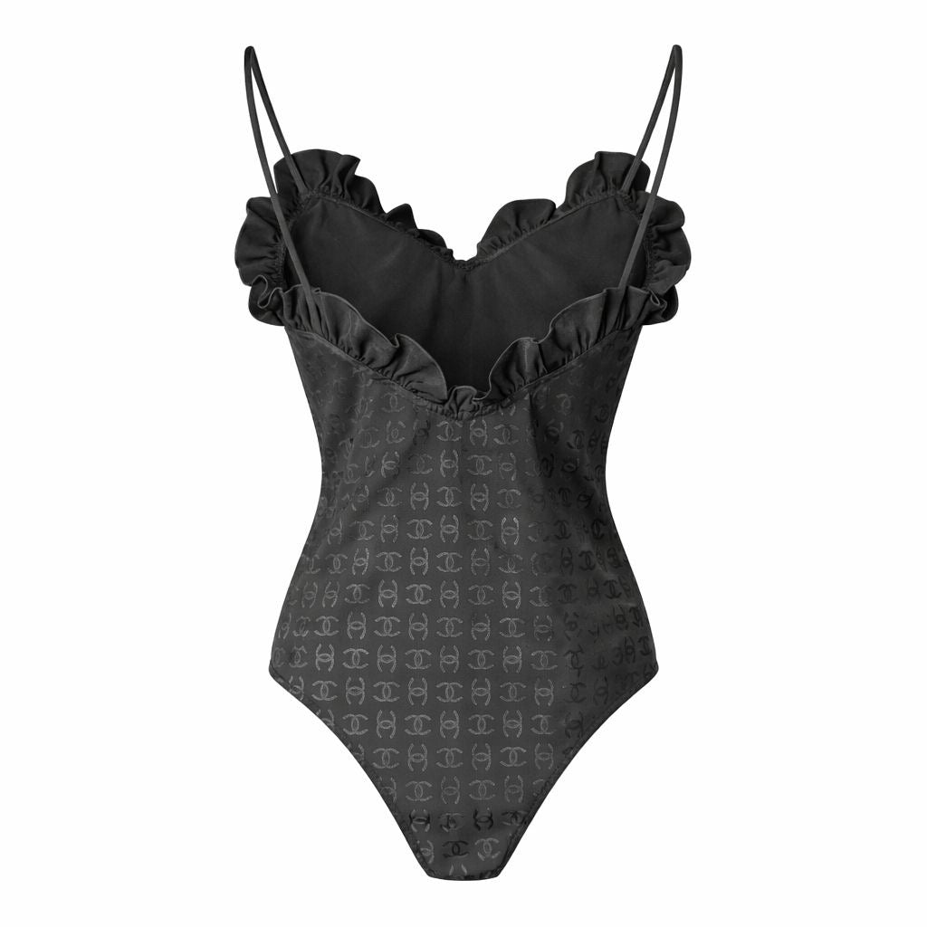 CHANEL - ONE-PIECE SWIMSUIT BLACK LOGOS WITH RUFFLES SIZE 40 FR