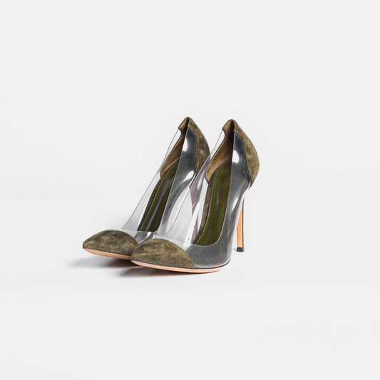 GIANVITO ROSSI - *BRAND NEW* PUMPS KHAKI SUEDE AND TRANSPARENT PVC PLEXI SIZE 39,5 EU