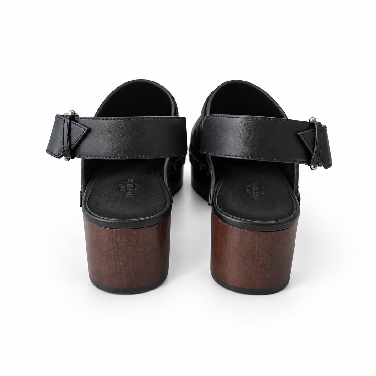 HERMÈS - SHOES CLOGS HIPPIE BLACK LEATHER WITH ASTROLOGIE BANDANA EMBROIDERY & WOODEN SOLES SIZE 38 EU