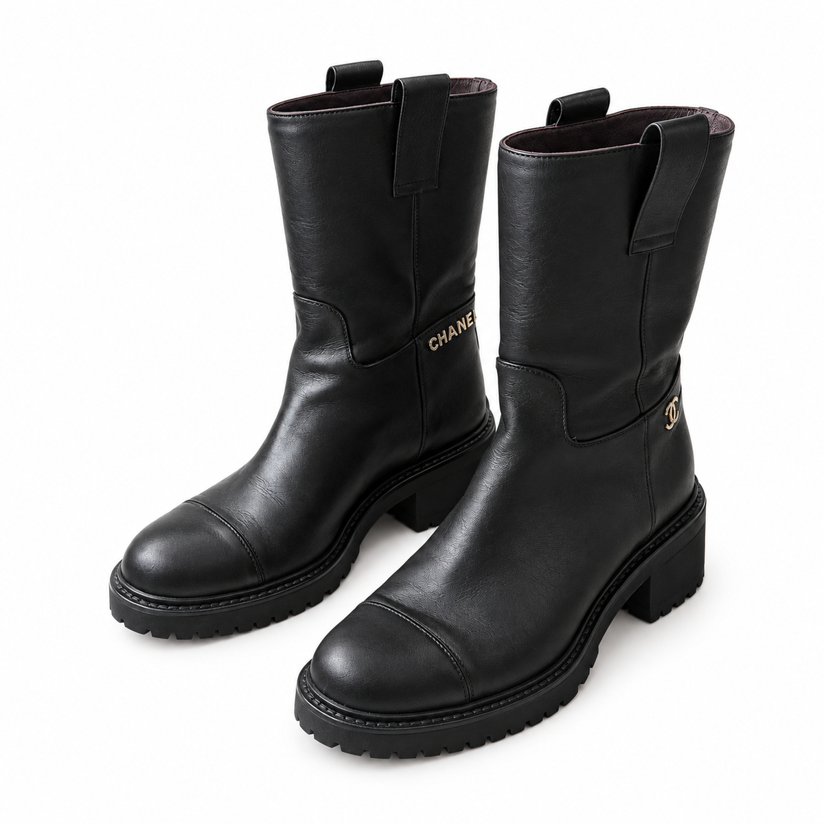 CHANEL - BOOTS BLACK LEATHER CC SIGNATURE GOLD TONE LOGOS SIZE 37 EU