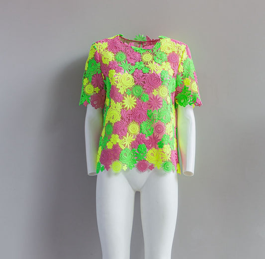 VALENTINO - TOP MULTICOLOR NEON FLORAL GUIPURE LACE SIZE 38 IT