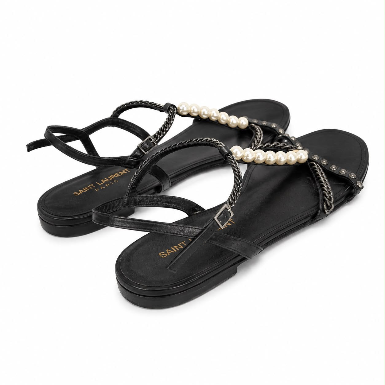SAINT LAURENT - SANDALS FLAT BLACK LEATHER WITH STUDS CHAIN & PEARLS SIZE 37 EU