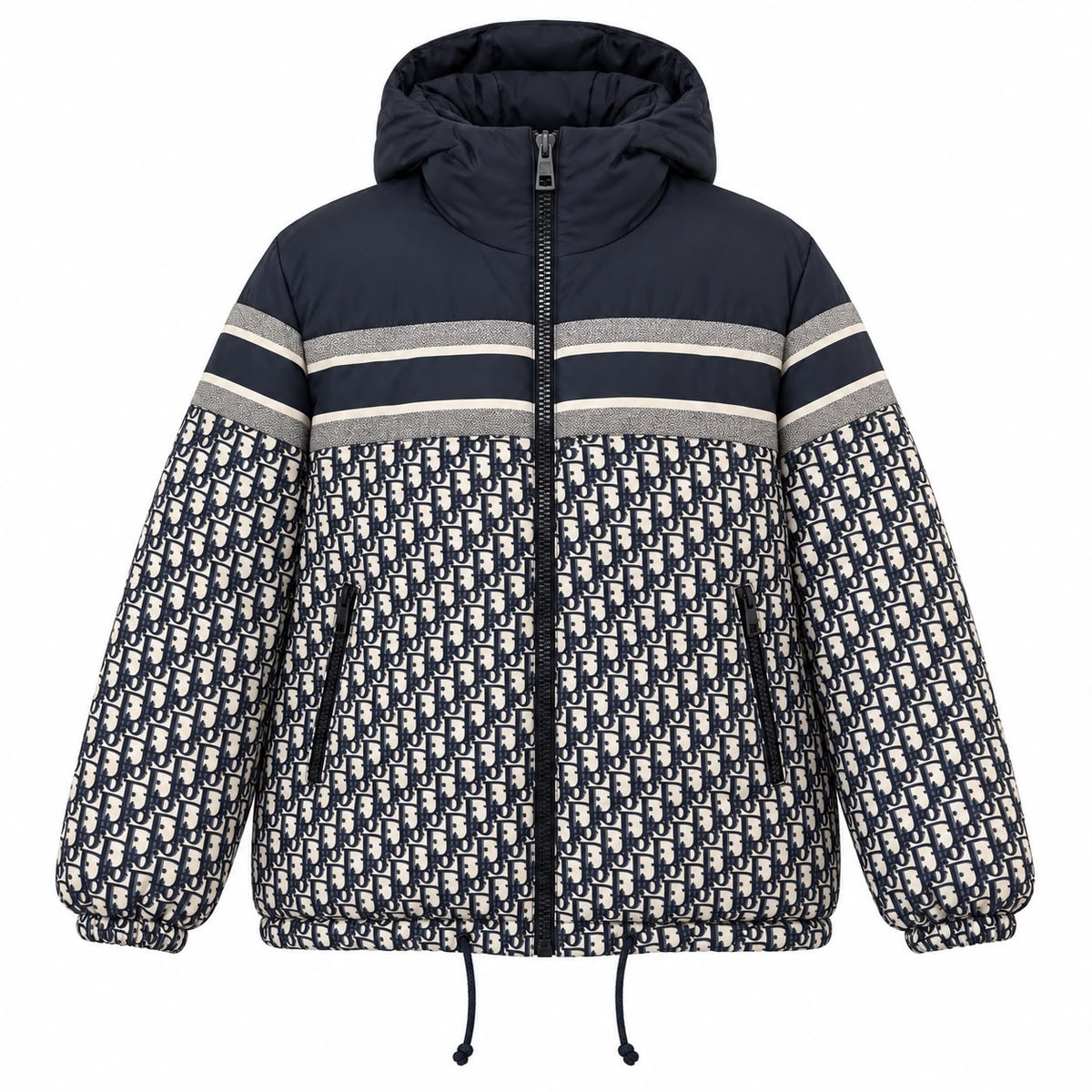 DIOR - LONG PUFFER JACKET REVERSIBLE HOODED OBLIQUE MONOGRAM IN NAVY BLUE & BLACK SIZE XS