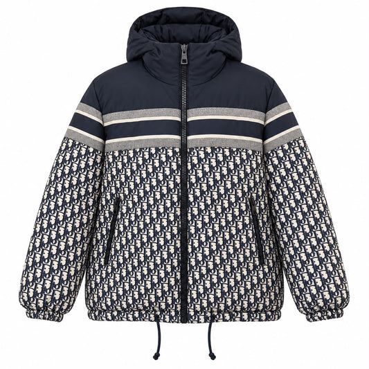 DIOR - LONG PUFFER JACKET REVERSIBLE HOODED OBLIQUE MONOGRAM IN NAVY BLUE & BLACK SIZE XS