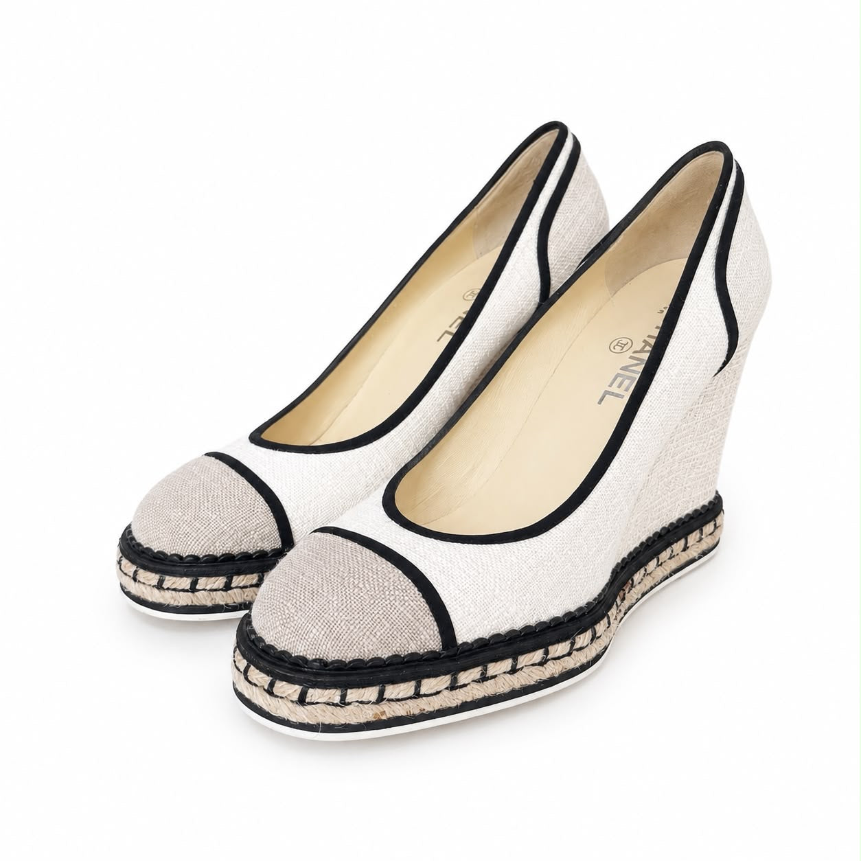 CHANEL - WEDGE PUMPS TRI-COLOR CANVAS SIZE 40,5 EU