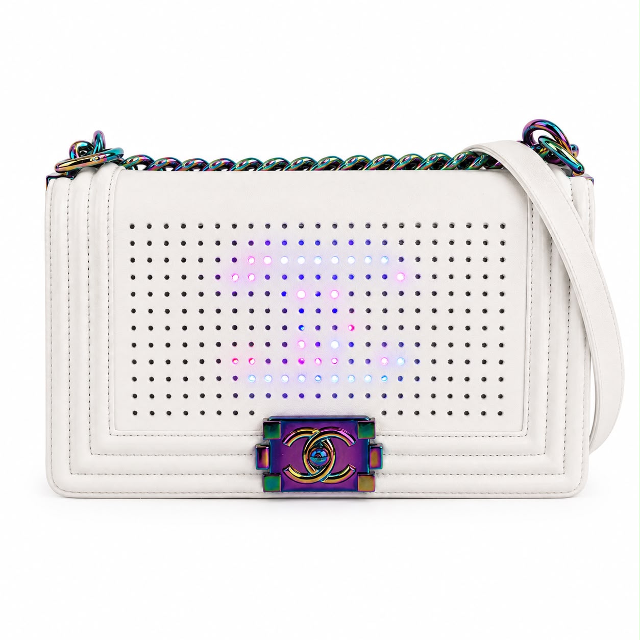 CHANEL - *RARE* BAG BOY MEDIUM LED WHITE LAMBSKIN WITH RAINBOW HARDWARE