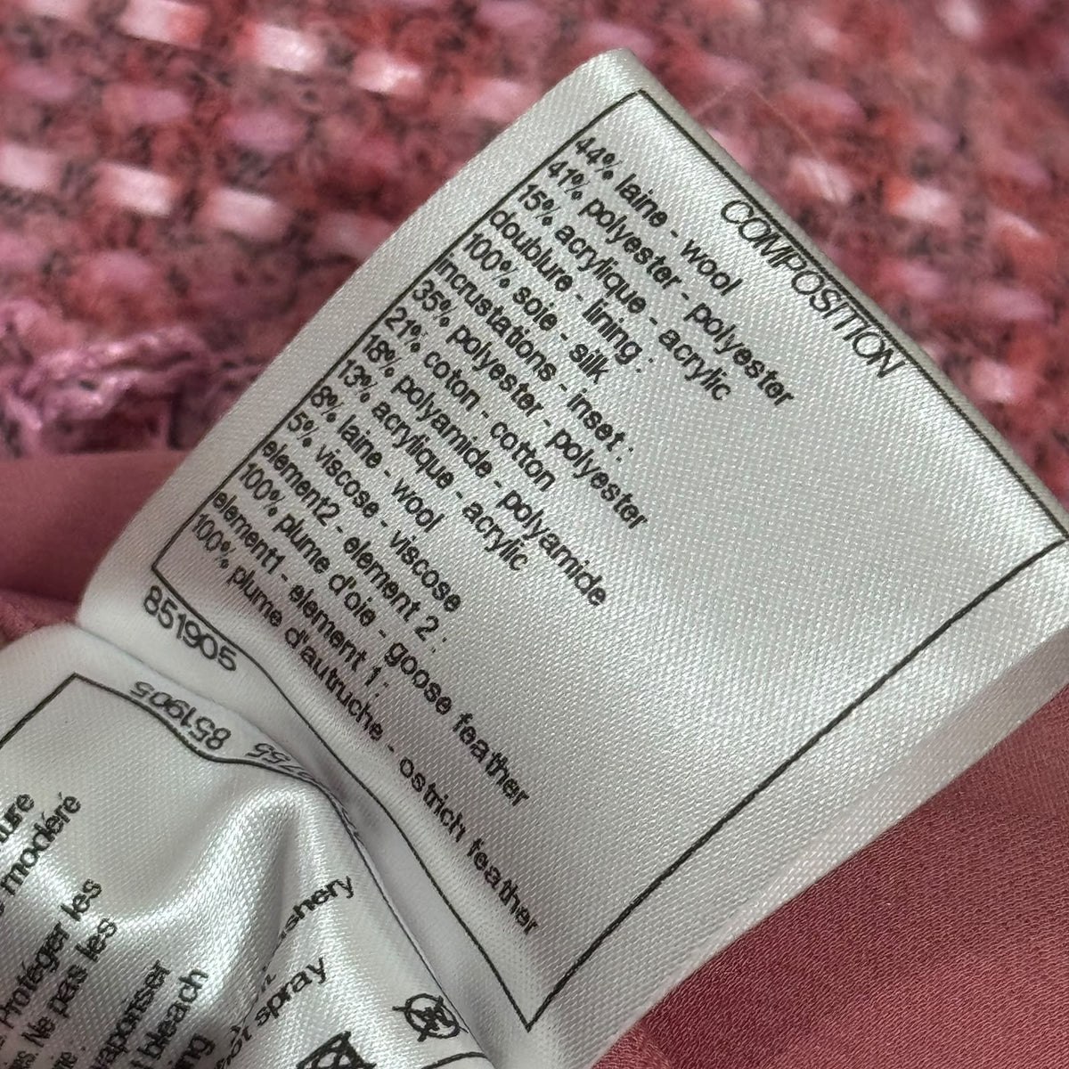 CHANEL – JACKET TWEED PINK & BLACK MULTICOLOR WITH JEWELED CC BUTTONS SIZE 34 FR