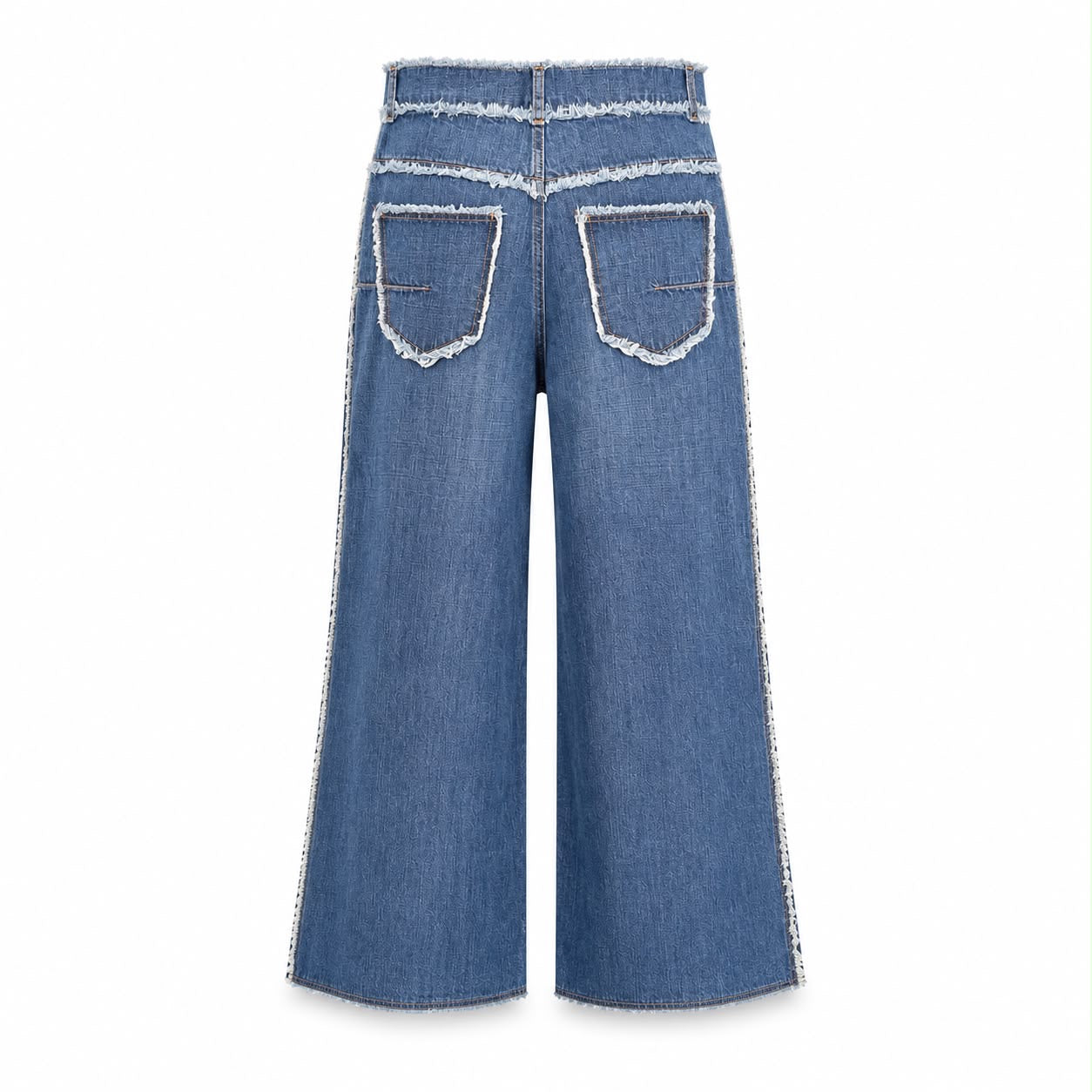 DIOR - JEANS BLUE HIGH-WAISTED WIDE-LEG WHITE FRINGED TRIM SIZE 36 FR