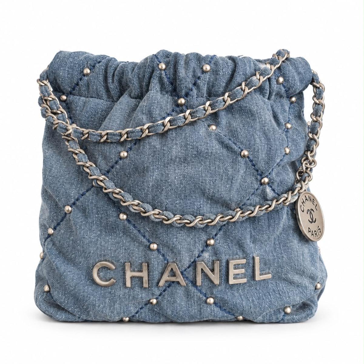 CHANEL – BAG MINI CHANEL 22 QUILTED BLUE DENIM WITH STUDS & SILVER-TONE HARDWARE
