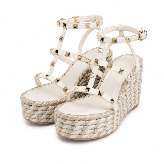 VALENTINO - WEDGE SANDALS ROCKSTUD WHITE AND SILVER SIZE 41