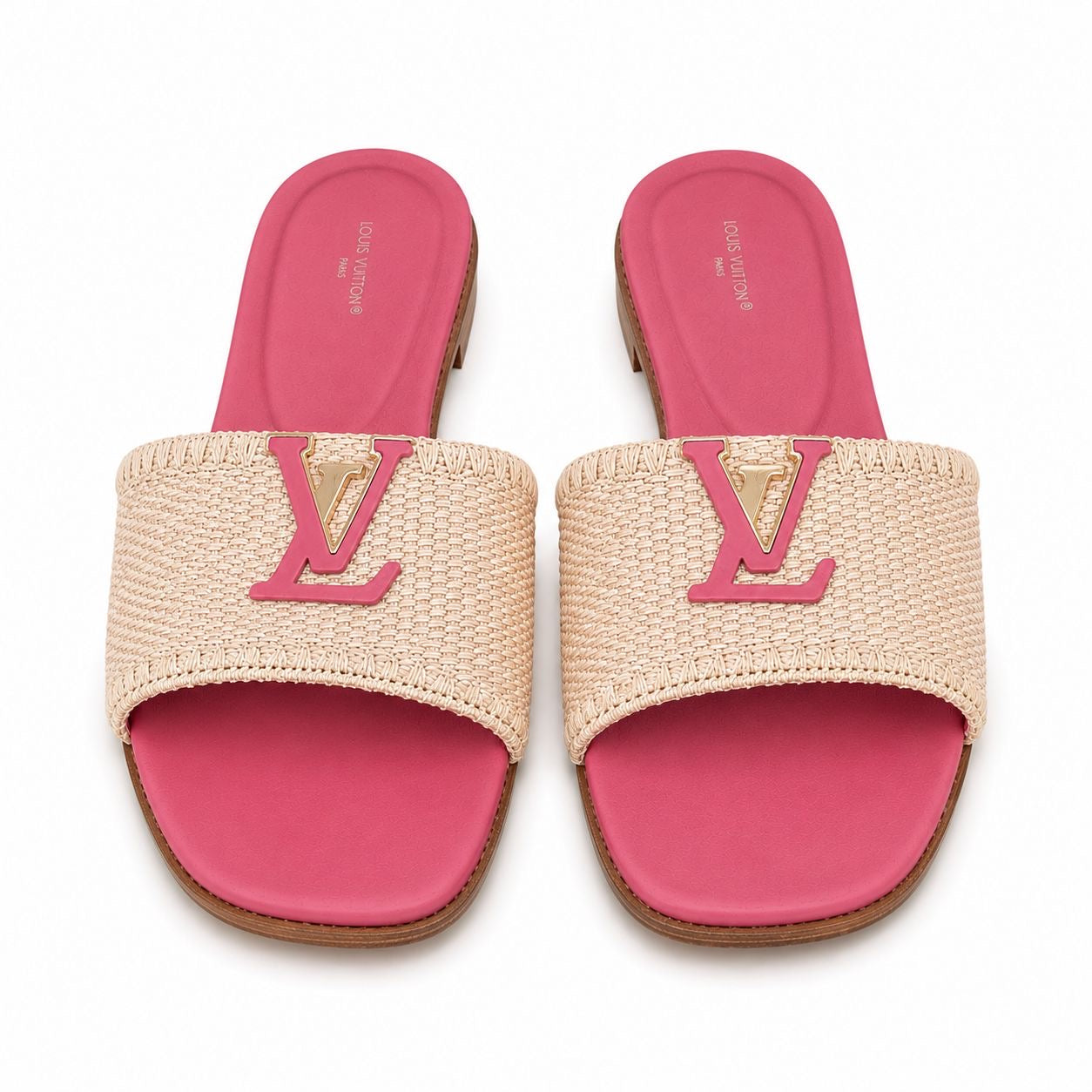 LOUIS VUITTON - *NEW* FLAT MULES IN NATURAL RAFFIA WITH FUCHSIA LEATHER SIZE 39 EU