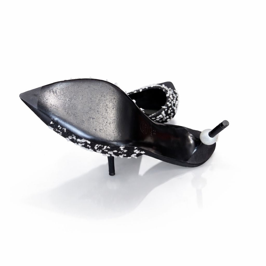 CHANEL - MULES TWEED BLACK & WHITE WITH LOGO CC PEARLS SIZE 38 EU