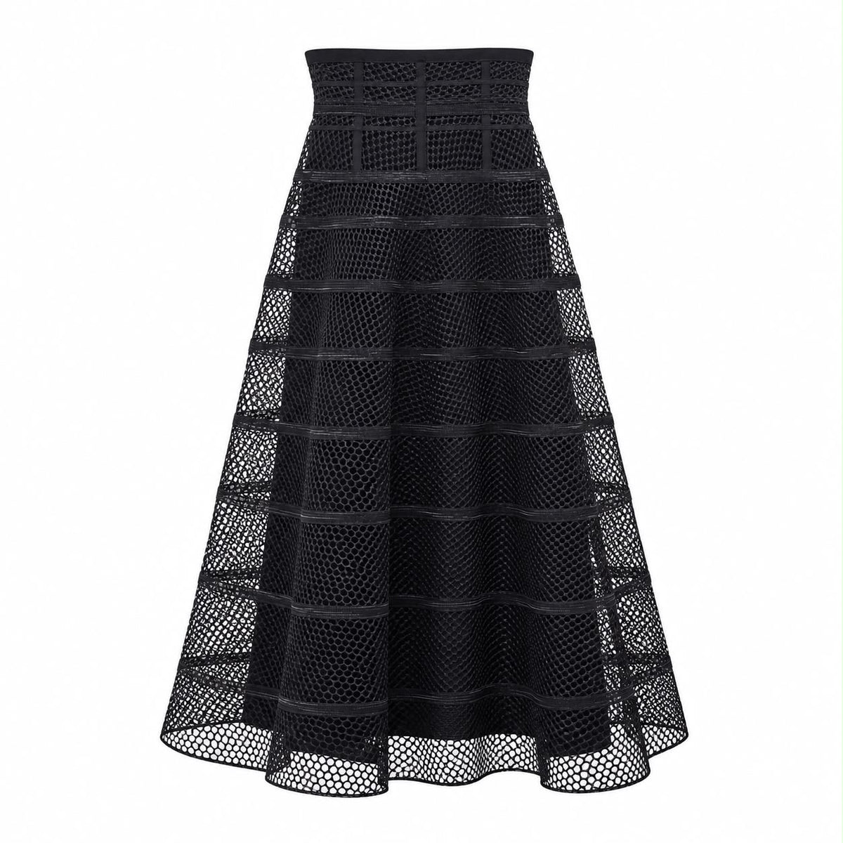 CHRISTIAN DIOR – SKIRT MIDI BLACK OPENWORK MESH HIGH-WAISTED WITH SILK UNDERSKIRT SIZE 36 FR