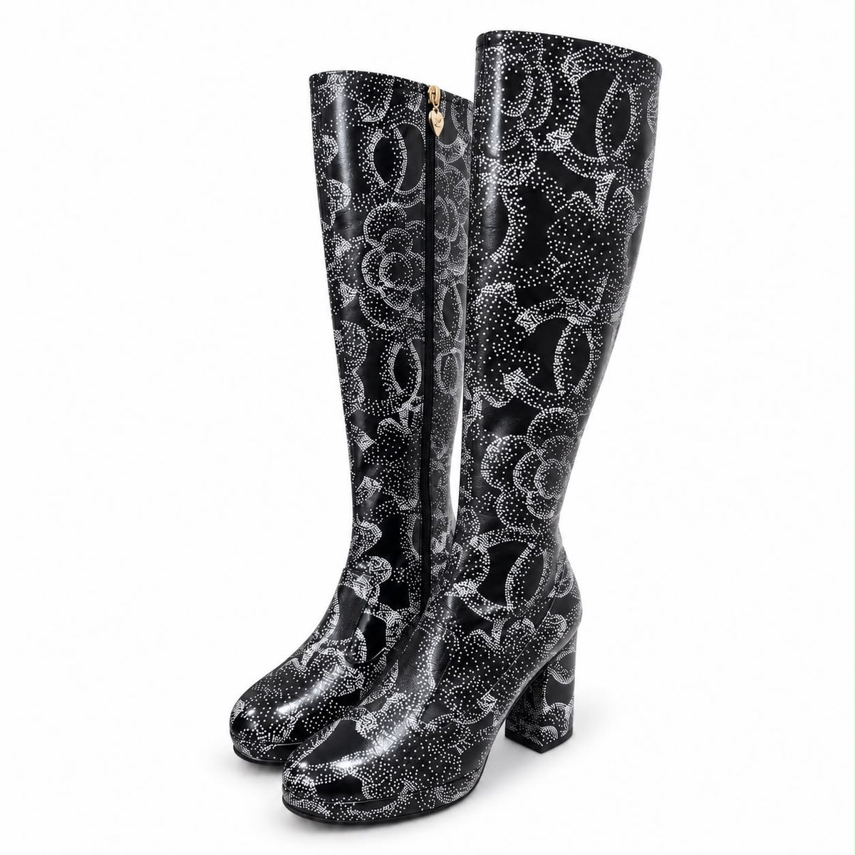 CHANEL - BOOTS CALFSKIN CAMELLIA PRINT BLACK & WHITE SIZE  37 C