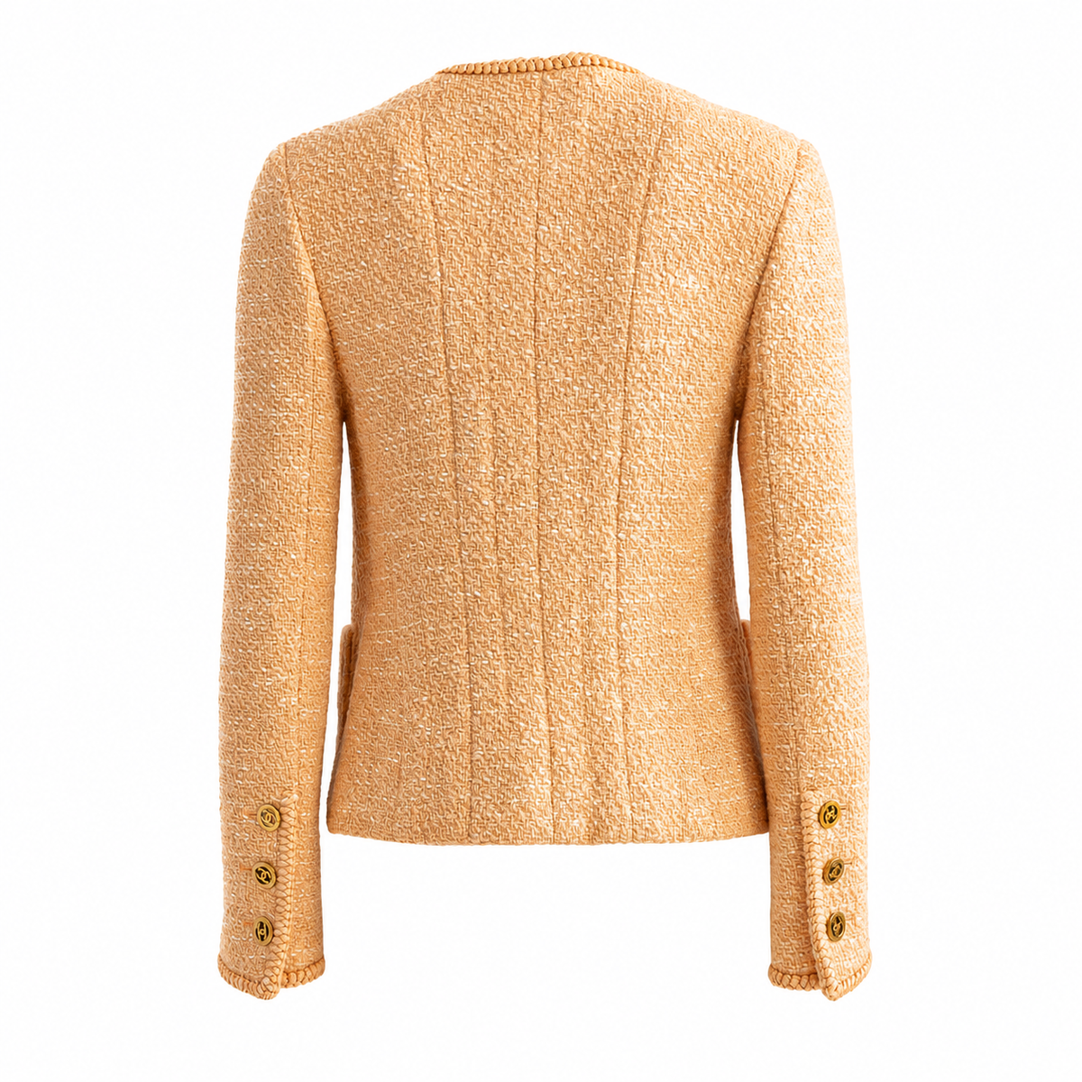 CHANEL - JACKET TWEED PEACH SINGLE-BREASTED WITH GOLD CC BUTTONS SIZE 36 FR