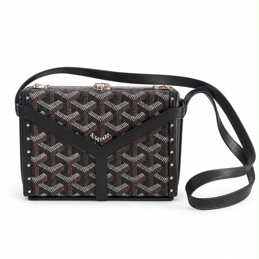 GOYARD - MINI TRUNK SHOULDER BAG IN BLACK GOYARDINE CANVAS WITH BLACK LEATHER TRIM & SILVER-TONE HARDWARE