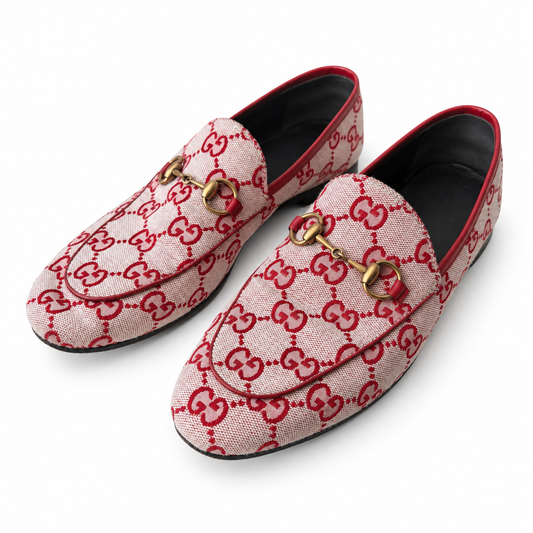 GUCCI - LOAFERS JORDAAN GG CANVAS HORSEBIT IN BEIGE & IBISCIS RED SIZE 37 EU
