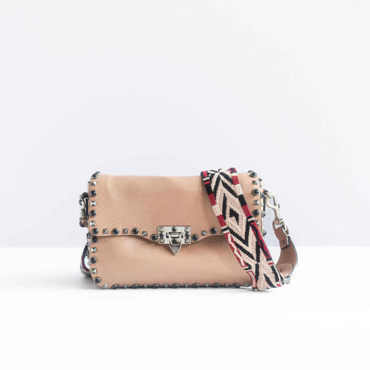 VALENTINO - SHOULDER BAG ROCKSTUD ROLLING BEIGE LEATHER WITH MULTICOLOR STRAP