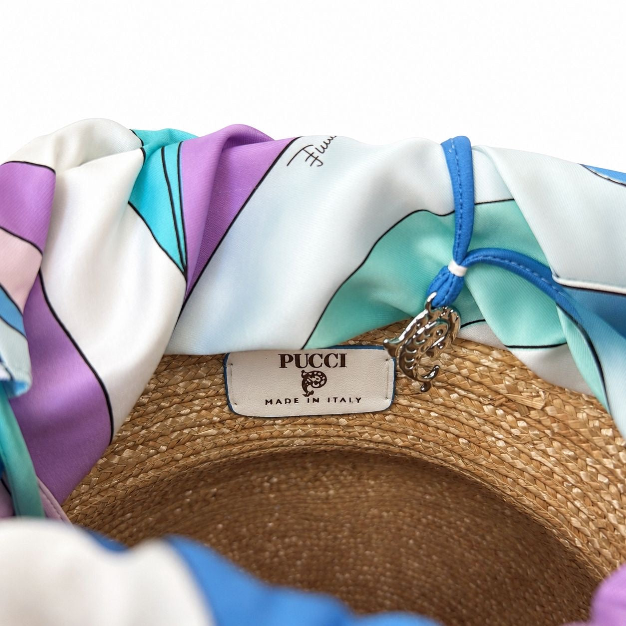 PUCCI - *NEVER WORN* BAG BUCKET PULCINELLA STRAW AND BLUE PRINT