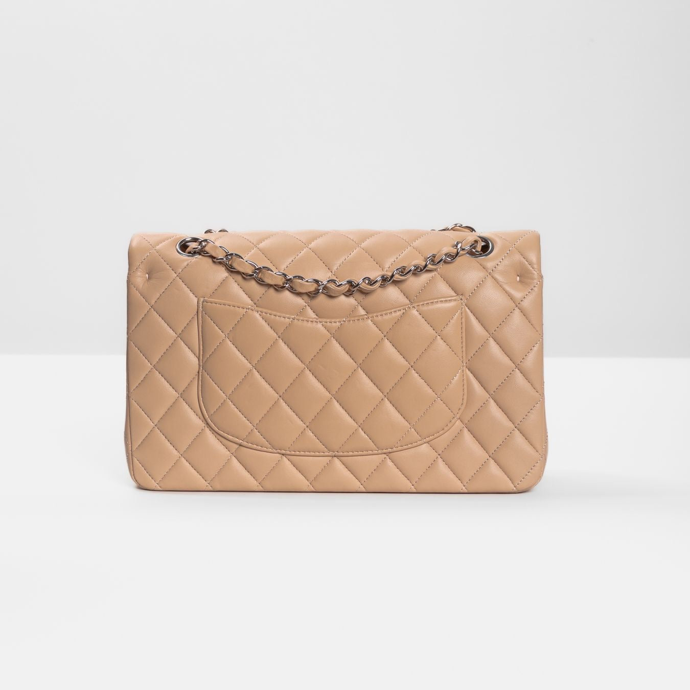 CHANEL - TIMELESS BAG MEDIUM DOUBLE FLAP BEIGE LAMBSKIN SILVER HARDWARE