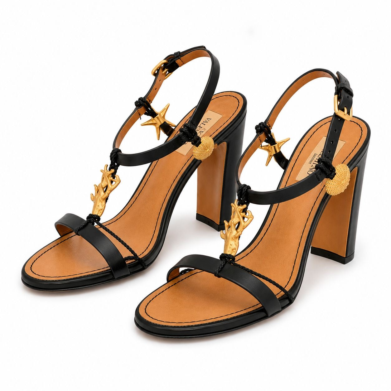 VALENTINO - SANDALS HIGH BLACK LEATHER WITH MARINE GOLD EMBELLISHMENTS SIZE 38 EU