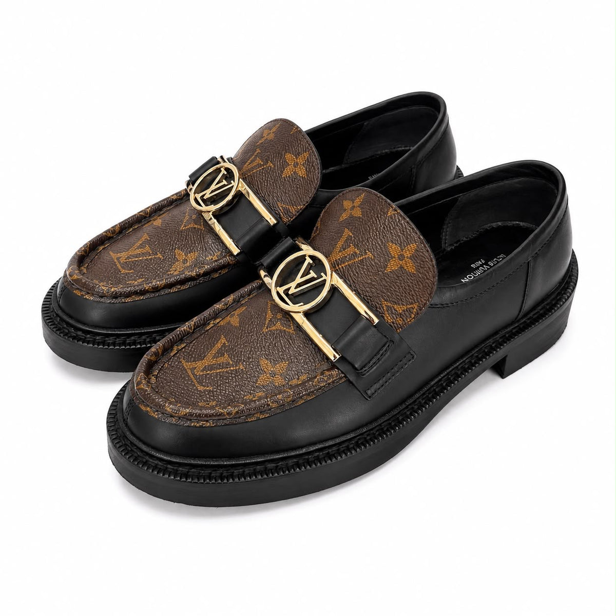 LOUIS VUITTON - LOAFER ACADEMY BLACK LEATHER & MONOGRAM CANVAS WITH GOLD-TONE LV BUCKLE SIZE 38 EU