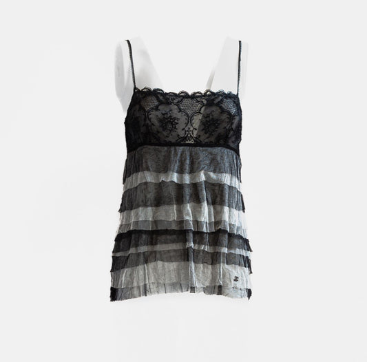 CHANEL - TOP BLACK AND WHITE SILK MESH SIZE 38 FR